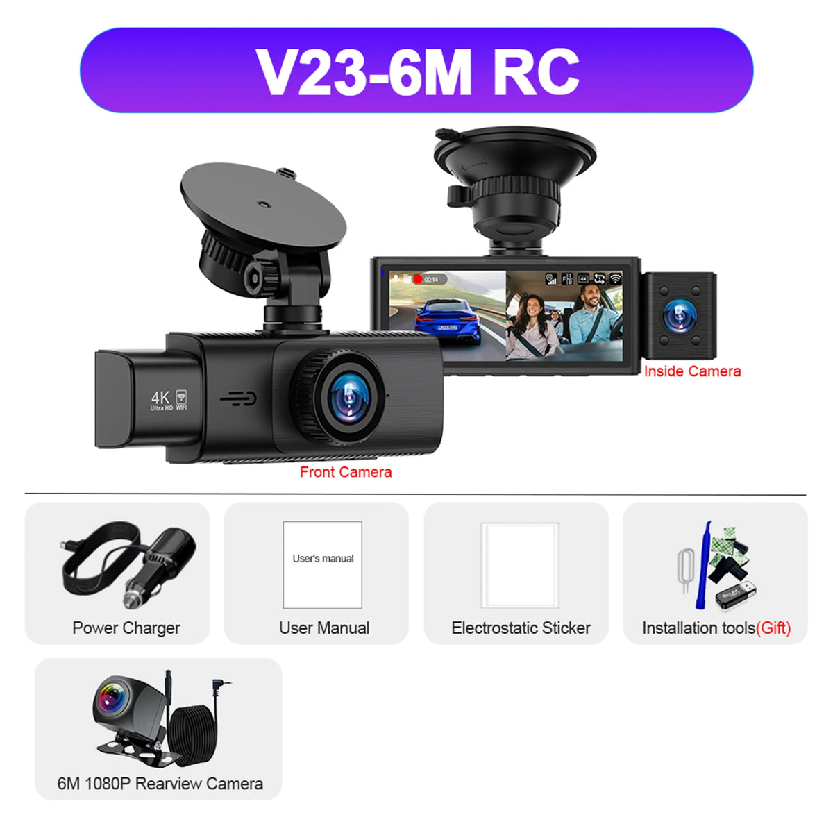3 Channel WiFi 4K Dash Cam Front and Inside DashCam 1080P Rear Camera Night Vision 24H Parking Car DVR Black Box Support GPS