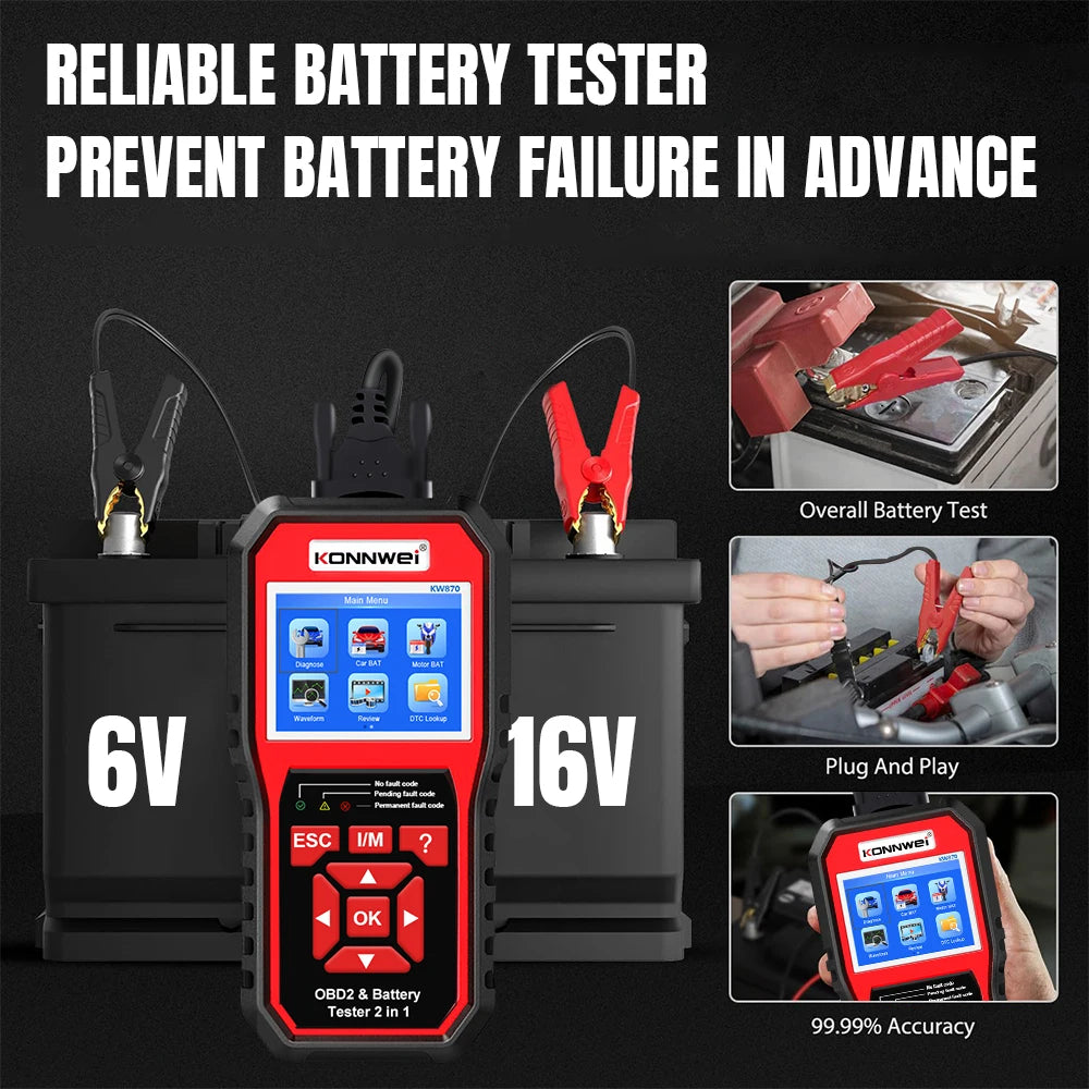 2026 KONNWEI KW870 High-end Car OBD2 Diagnostics Tool 2-in-1 Auto Moto Battery Tester 6V 12V Scanner Cranking Charging Test Tool