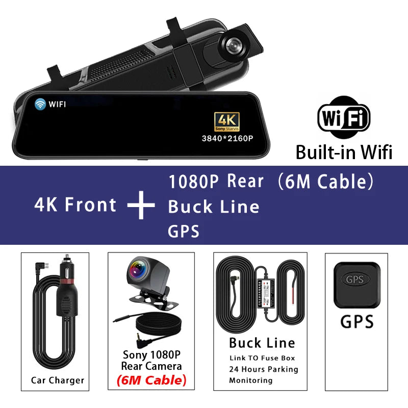 10 Inch 4K 2160P Dash Cam Wifi GPS Car Dvr Dual Lens Dashcam Stream Rear View Mirror IPS Video Drive Recorder Camera Registrar Car Mobile World