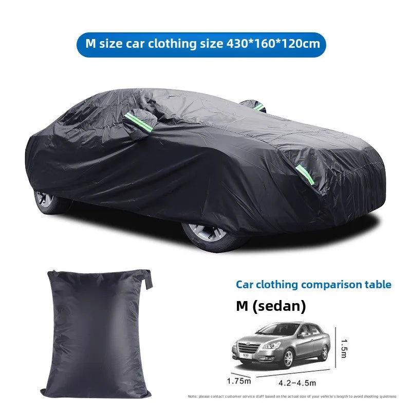 Black Silver Coated Car Cover Rainproof Sunscreen Reflective Strip Outdoor Dustproof Protection for Hatchback Sedan SUV