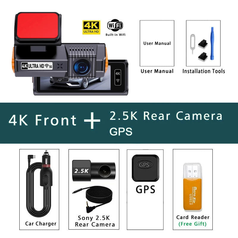 UHD 4K+2.5K 2160P Dual Lens ADAS Dash Cam with WiFi GPS Mini Car DVR 2.5K Rear Camera Video Dashcam Drive Recorder Black Box