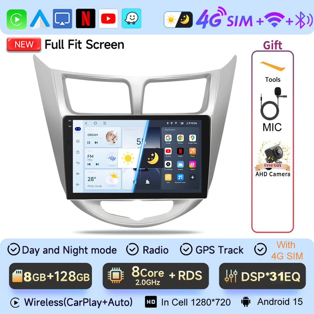 JIUYIN 9“ Android 15 Car Radio For Hyundai Accent Verna Solaris 2010-2016 Multimedia Video Player Carplay 4G WIFI GPS Head Unit CM World
