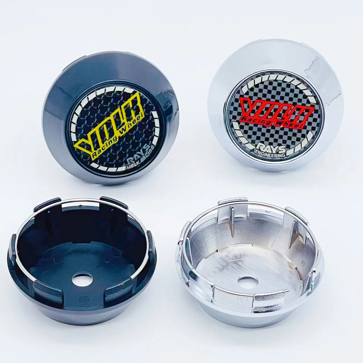 4PCS JDM Sport Rim Cap Clip 60mm 64mm 65mm 68mm 69mm VOLK RAYS Emblem Sticker Wheel Center Hub Caps Car Cover Cap Black & Silver CM World