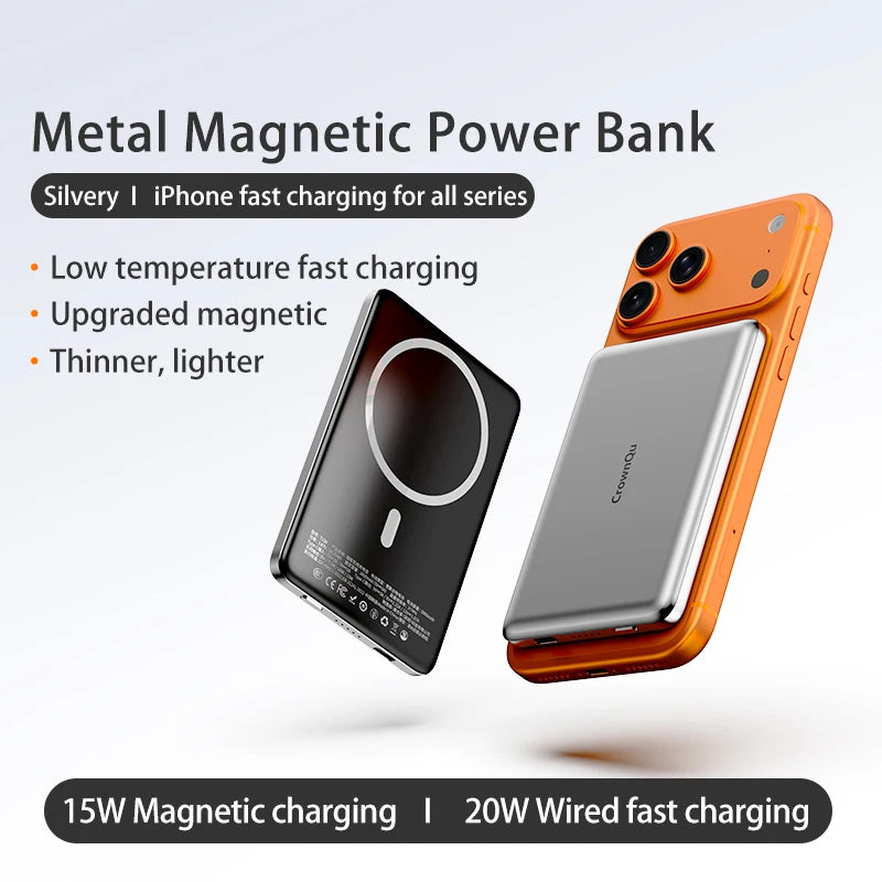Metal Magnetic Wireless Power Bank 20W USB-C Fast Charging Protable External Battery for iPhone 17 16 15 14 13 12 Smartphone Car Mobile World