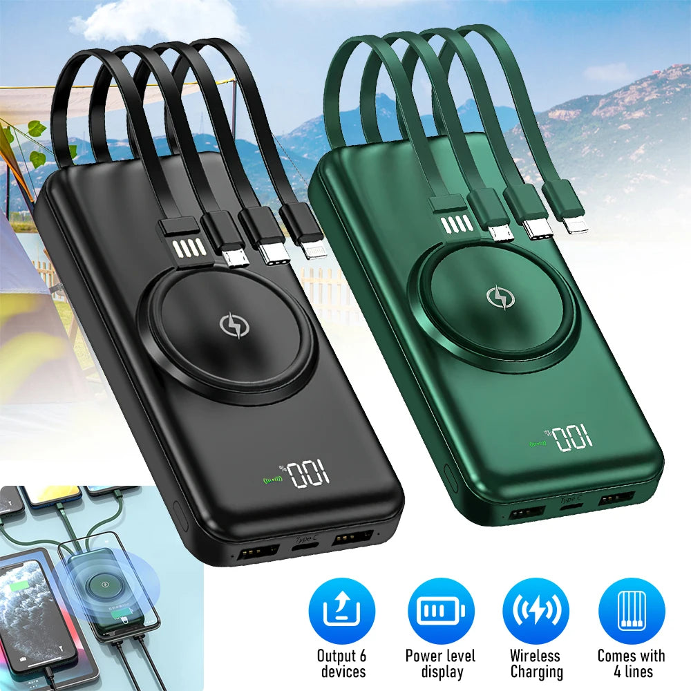 20000mAh Wireless Power Bank Fast Charging Built-in Quad Power Cable Mobile Phone Charger For Iphone 13 14 15 Xiaomi Samsung Car Mobile World