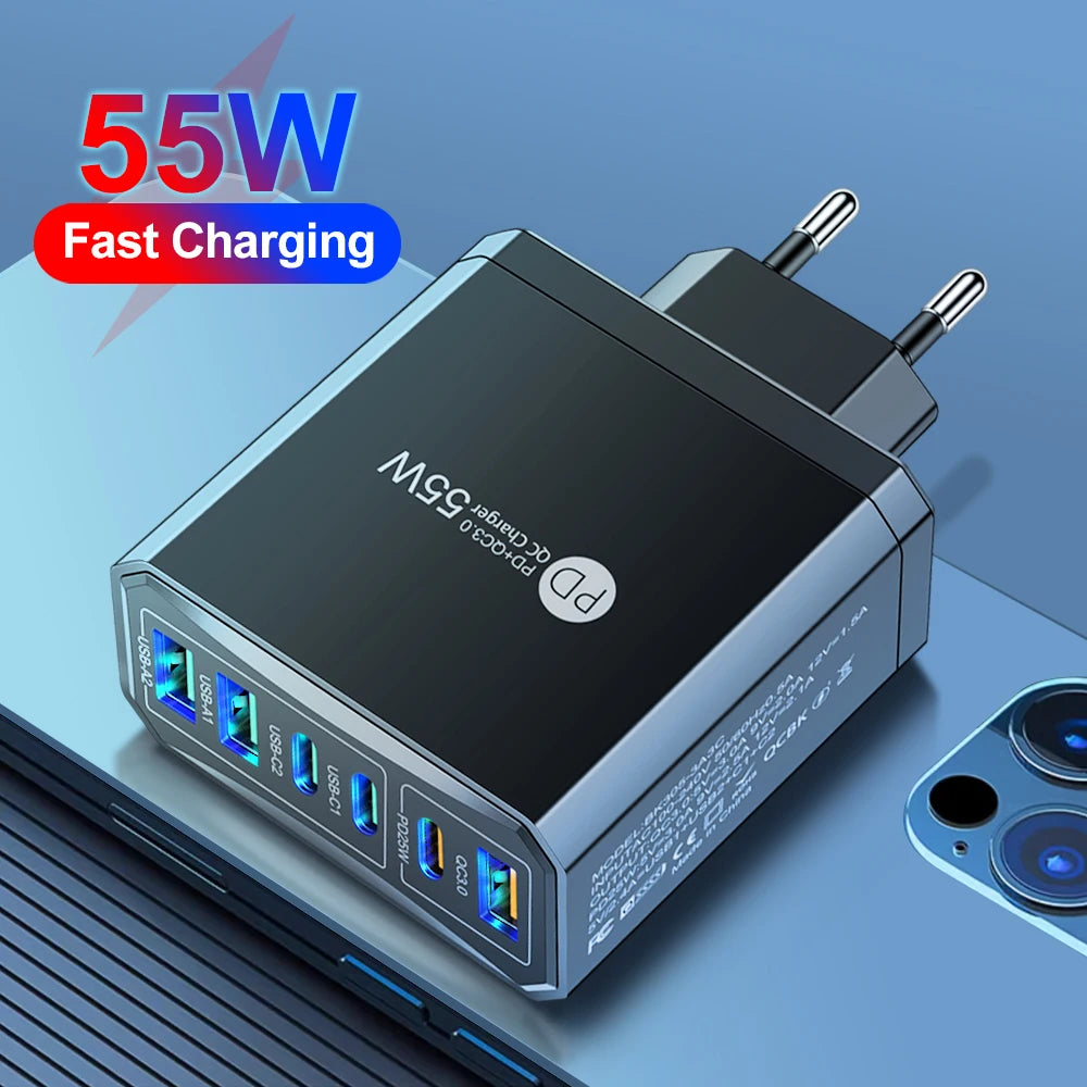 55W 3 USB 3 PD Charger Fast Charging QC3.0 Travel Charger For iPhone 15 14 Samsung Xiaomi Mobile Phone Adapter EU KR US UK Plug Car Mobile World