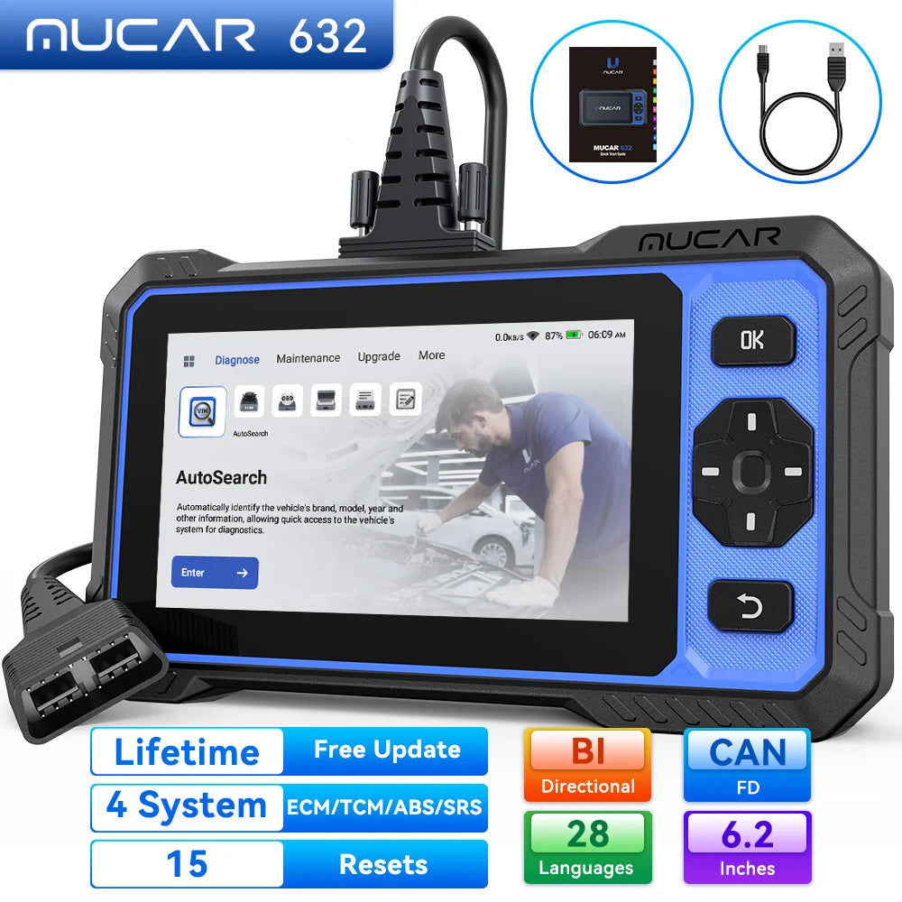 MUCAR 632 AI Automotive Tools Life Free Obd2 Scanner CANFD 15 Reset 4 System Life Free Bidirectional Diagnostic Auto OBD Scanner