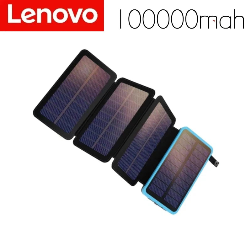 Lenovo LED Solar Power Bank  200000mAh 4 Solar Panels Wireless Charger Portable External Battery Flashlight for Outdoor Travel Car Mobile World