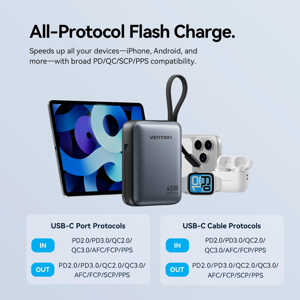 Vention 45W 10000mAh Power Bank Built-In USB-C Cable Portable Powerbank for iPhone 17 Samsung S26 Pocket-Sized Auxiliary Battery Car Mobile World