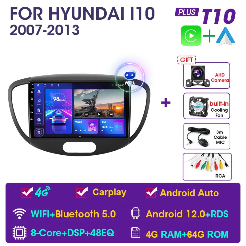 JMCQ 2 Din Car Radio For Hyundai i10 2007 2008 2009 2010-2013 Stereo Multimedia Player Android 12 4G GPS Navigation 2din Carplay CM World