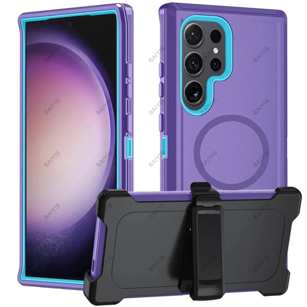 Military Armor OTT For Magsafe Charge Case For Samsung S26 Ultra S25 S24 S23 S22 Plus FE Edge Hard PC+TPU Clip Bracket  Cover Car Mobile World
