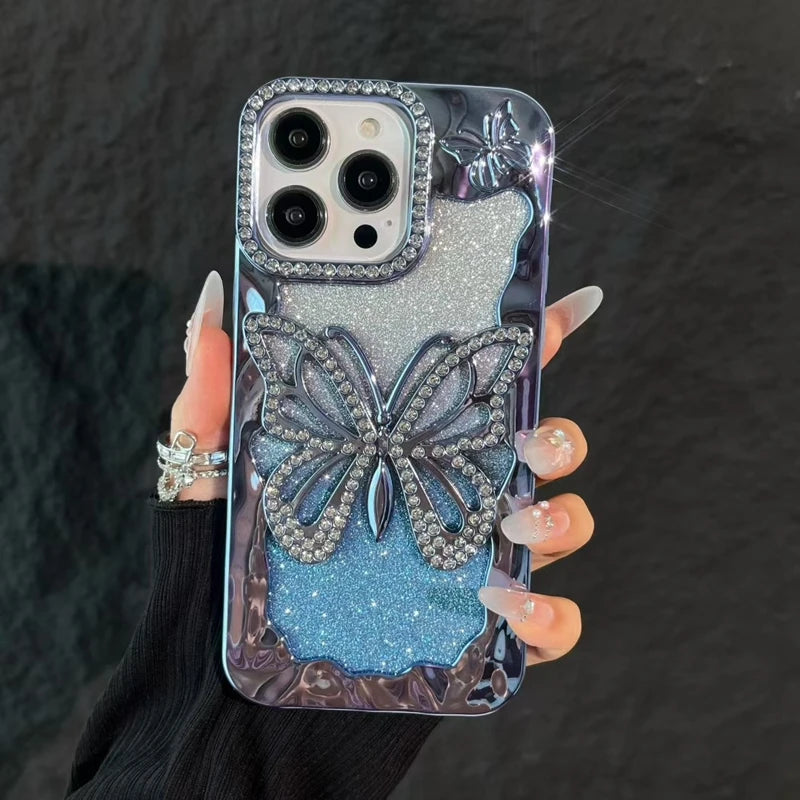 Luxury Soft Butterfly Diamond Phone Case For iPhone 11 12 13 14 15 16 17 Pro Max Plus Air Glitter Bumper Back Cases Cover