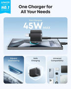 Anker Nano 45W USB-C Fast Charger Compact Foldable Plug PD Charging Block For Samsung Galaxy S25 Ultra S24 Series iPhone Laptop Car Mobile World