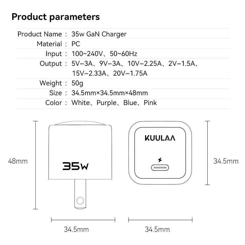 KUULAA USB C Charger 35W GaN Type C PD Fast Charging For iPhone 15 14 13 12 11 Pro Max For iPad Pro Air iPad mini Huwei Xiaomi Car Mobile World