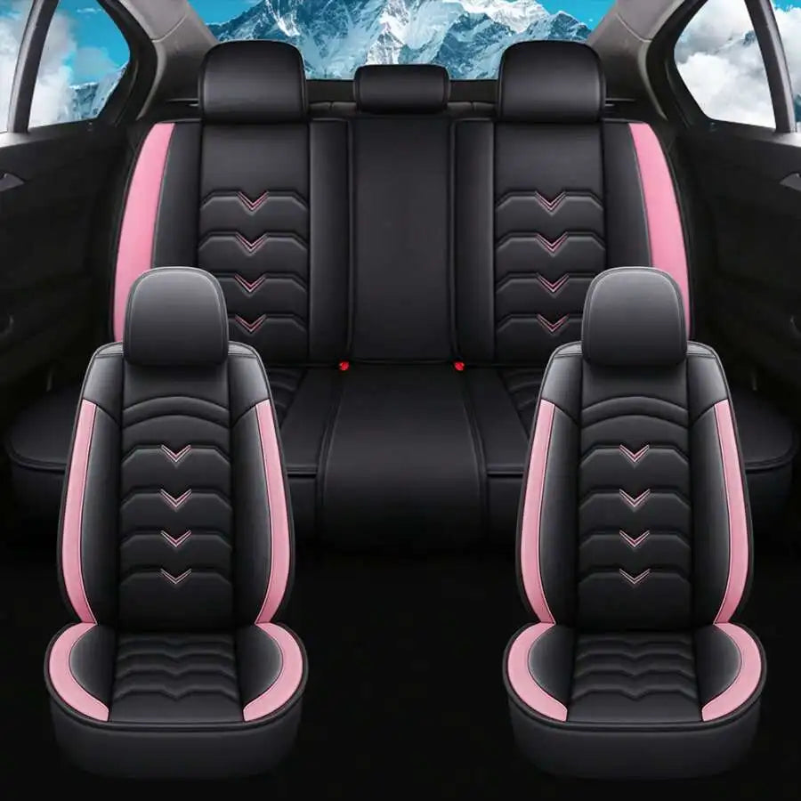 Universal 5-Seat PU Leather Car Seat Covers Black And Pink Full Set Waterproof Front & Rear Cushion Protectors, Airbag Compatible Car Interior Upgrade, Easy Installation And Easy To Clean Fit For Most Car Sedan SUV Hatchback