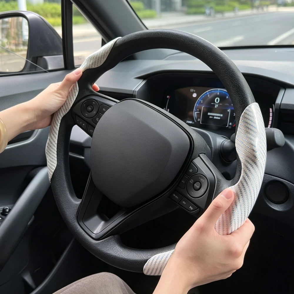 Universal Car Steering Wheel Cover Anti-slip Bright Gloss Carbon Fiber Texture Steering Wheel Decoration Accessories 14.5-15inch