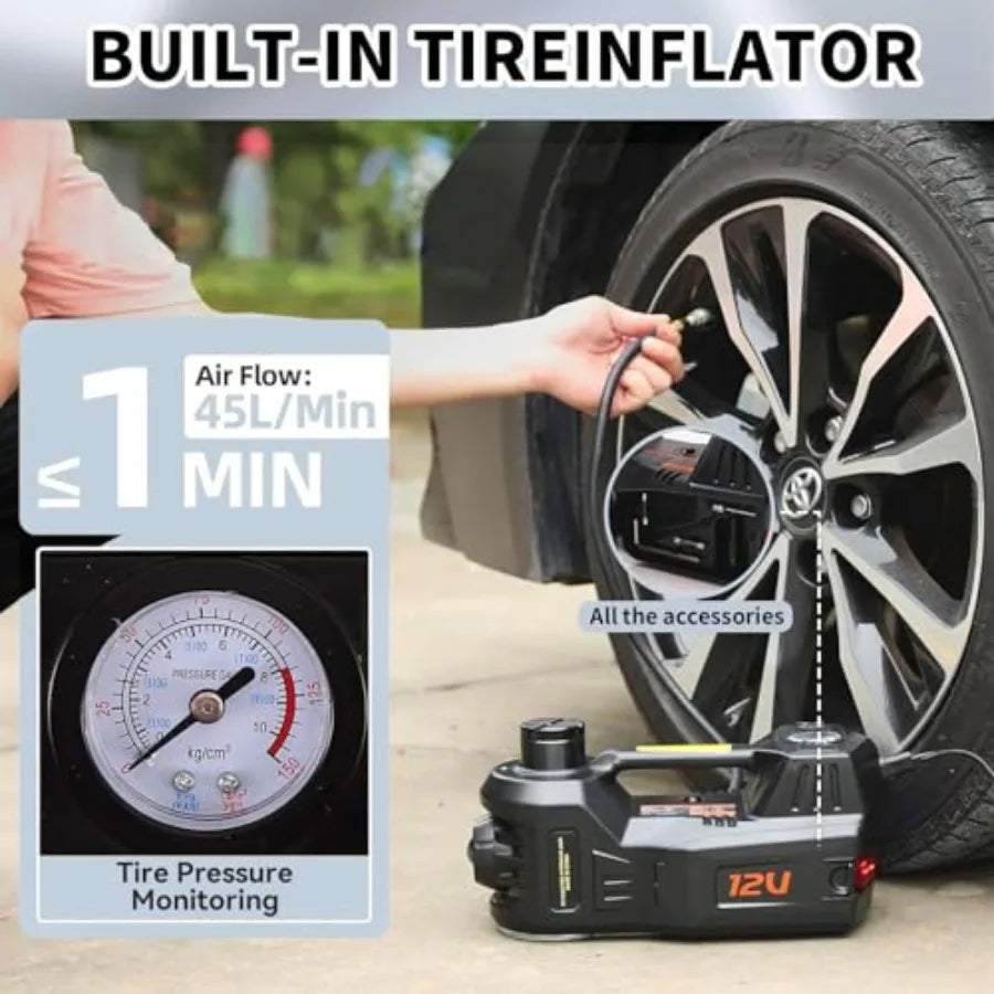 Electric Hydraulic Car Jack Kit 5 Ton 12V Portable Lift Range 17.7 Inch with Tire Inflator Pump for SUV Sedan Truck Car Repair CM World