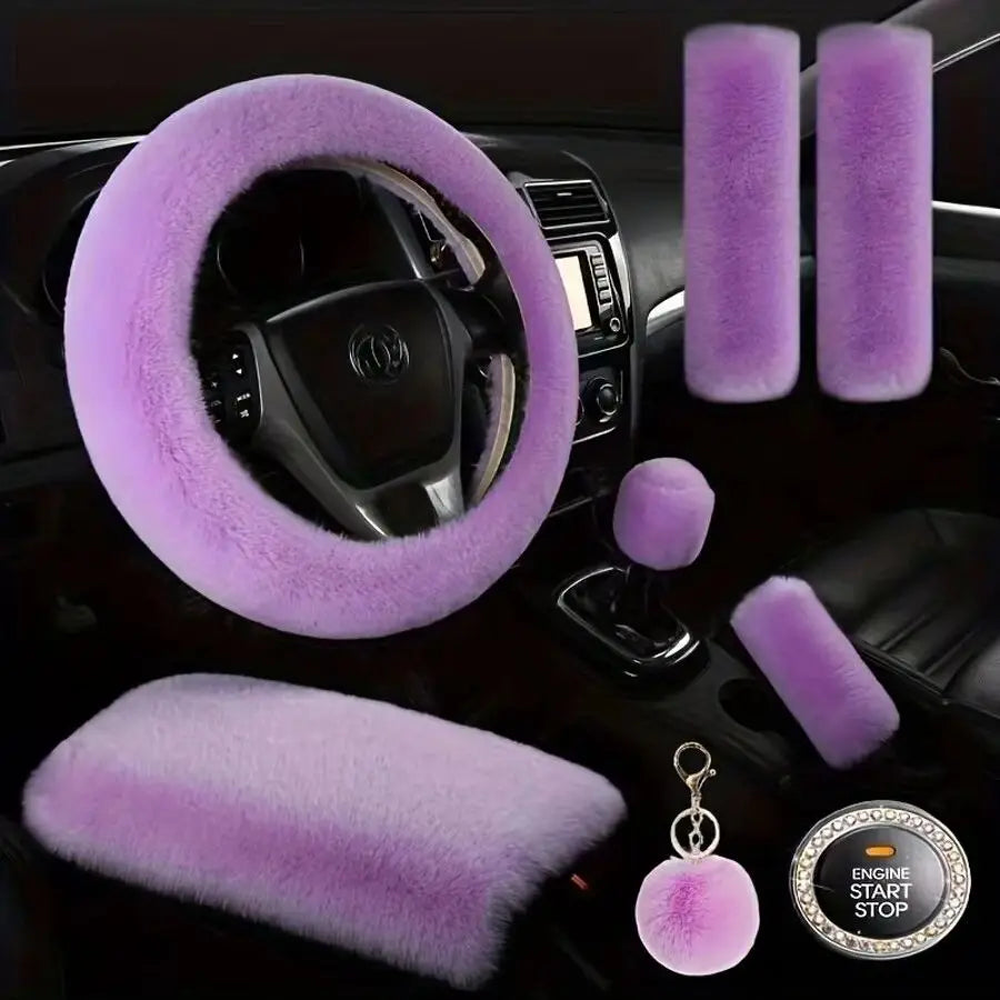8 Pieces Set Combination Pink Goddess Plush Car Steering Wheel Cover Rex Rabbit Fur Fluffy Steering Wheel Cover
