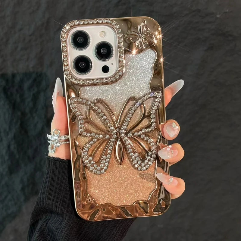 Luxury Soft Butterfly Diamond Phone Case For iPhone 11 12 13 14 15 16 17 Pro Max Plus Air Glitter Bumper Back Cases Cover