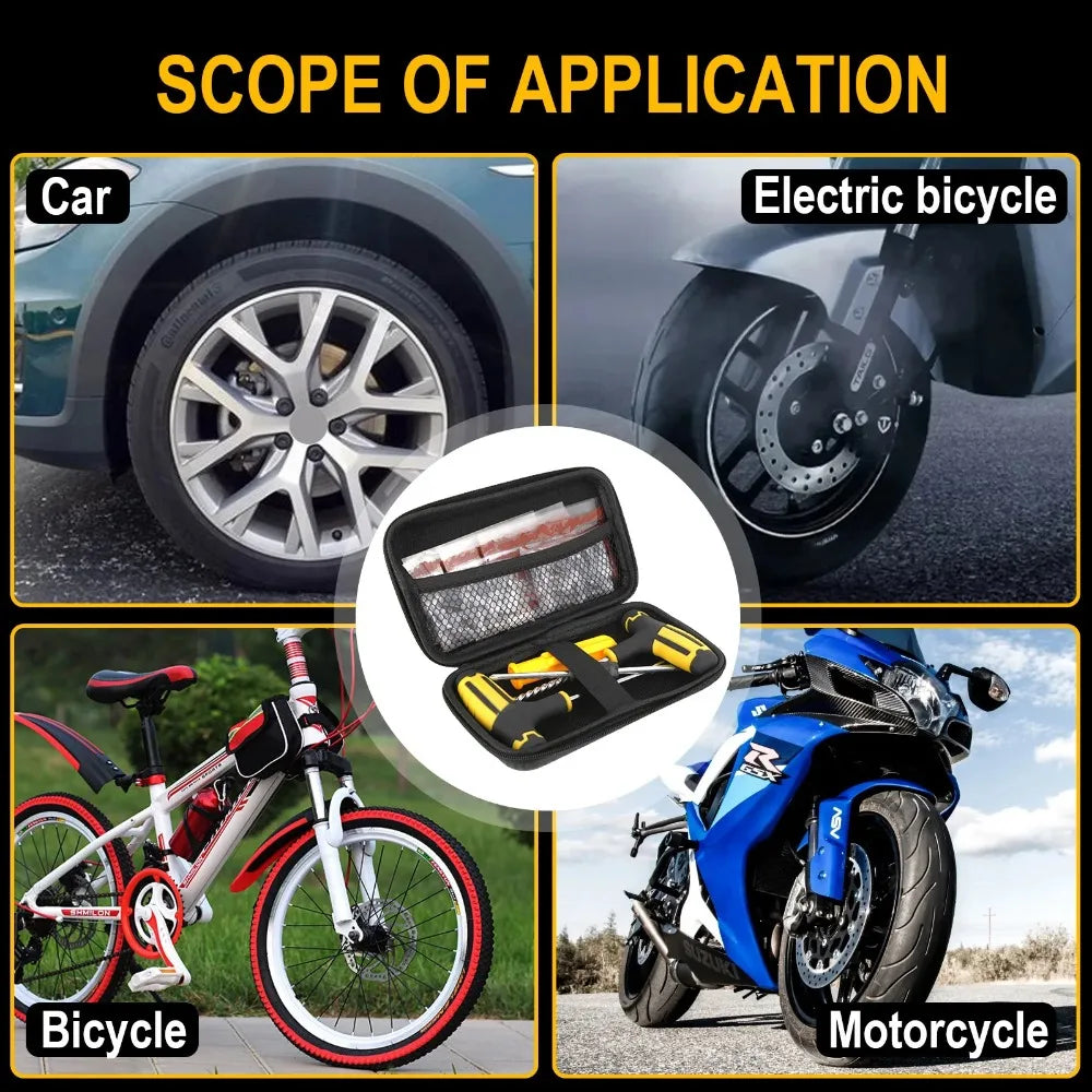 Universal Tubeless Tire Repair Kit - Emergency Puncture Tools w/Rubber T-Plugs for Car/Motorcycle On-Road Vacuum Seal CM World