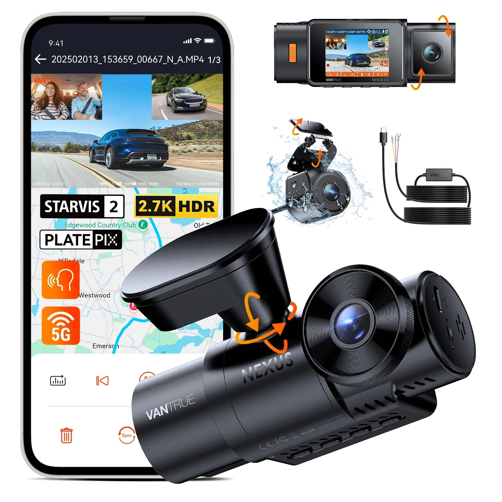 Vantrue N4S DashCam 3 Channel WiFi STARVIS 2 2.7K+1440P+1440 Waterproof Rear Camera HDR IR Night Vision GPS 24h Packing Mode Car Mobile World