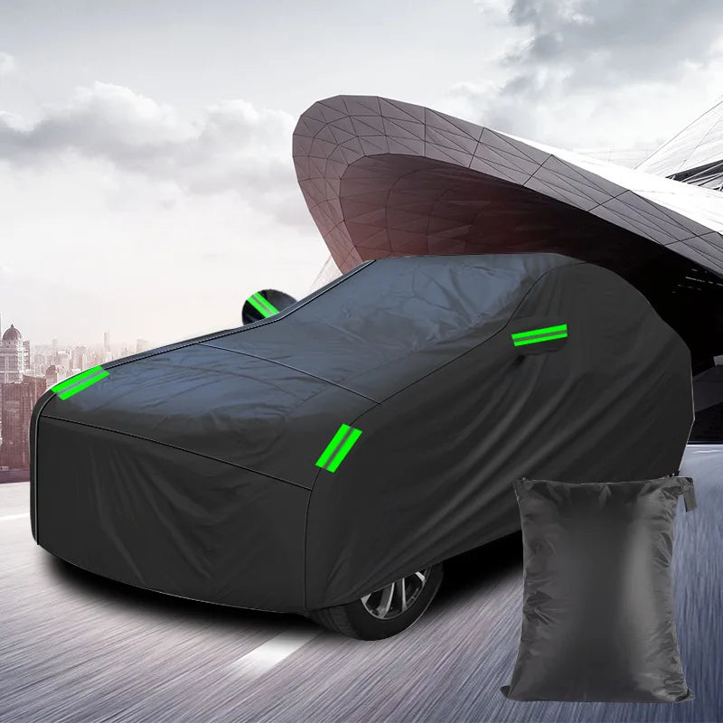Black Silver Coated Car Cover Rainproof Sunscreen Reflective Strip Outdoor Dustproof Protection for Hatchback Sedan SUV