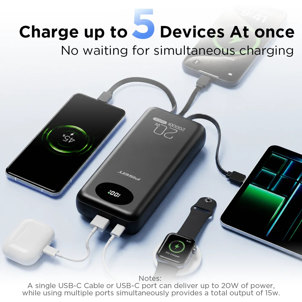 PISEN 20000mAh 20W Fast Charging Powerbank With 4 Built-in Cables For iPhone Samsung Xiaomi