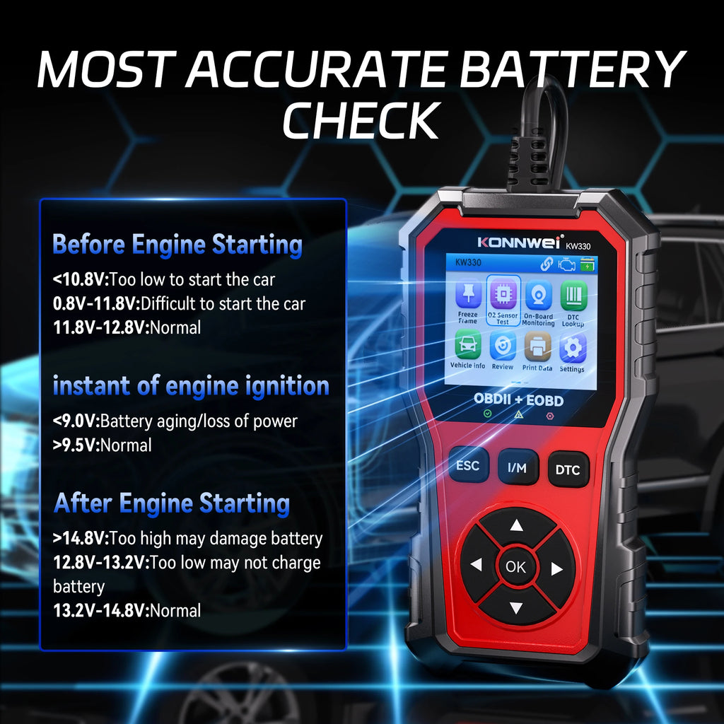 2026 KONNWEI KW330 Car OBD2 Fault Scanner Engine Battery Test  Fault Code Clear Real-Time Data Professional OBD Inspection Tool Car Mobile World