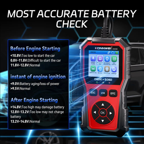2026 KONNWEI KW330 Car OBD2 Fault Scanner Engine Battery Test  Fault Code Clear Real-Time Data Professional OBD Inspection Tool Car Mobile World