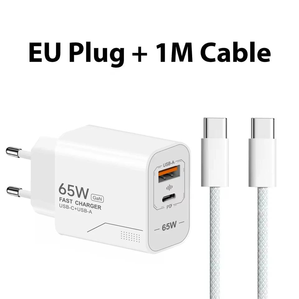 Lenovo 65W GaN USB C Charger 2-Port Fast Charging Phone Charger Power Adapter For iPhone Samsung Type C EU/US Plug Wall Charger