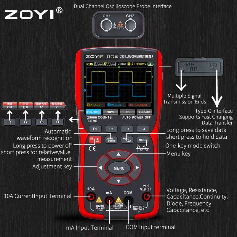 ZOYI color screen handheld dual-channel oscilloscope Multimeter 703s auto repair instrument multi-function measurement 3-in-1 CM World