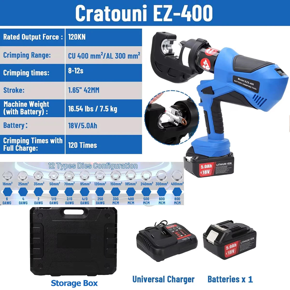 EZ-300 EZ-400 Electric Hydraulic Plier Rechargeable Hydraulic Crimping Plier w Battery Cable Copper Aluminum Terminal Crimp Tool CM World