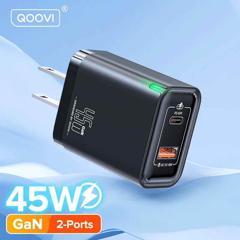 QOOVI GaN 45W USB Charger Fast Charging USB Type C Wall Charger PD QC3.0 Quick Charge For iPhone Samsung S23 S21 Laptop Tablet Car Mobile World