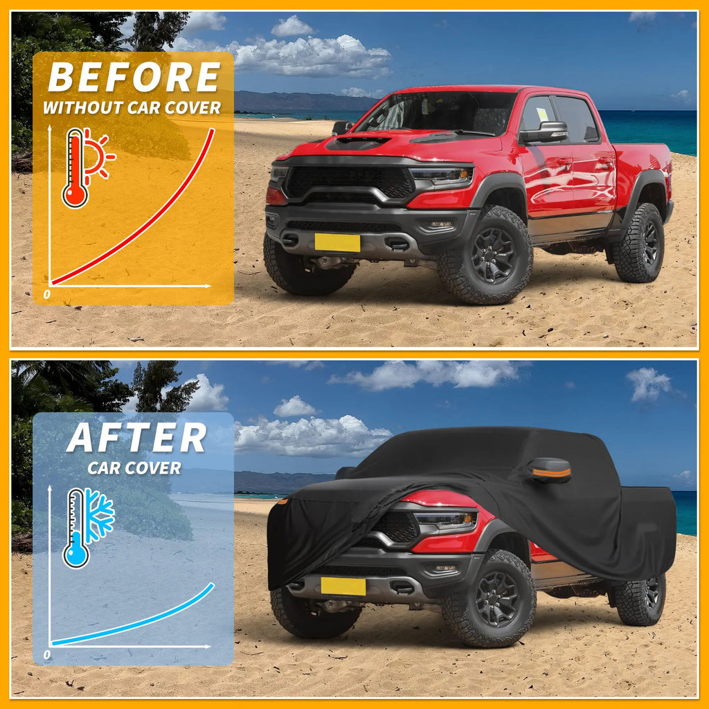 Motoforti Car Cover Waterproof All Weather Sun Rain Protection Full Exterior Cover for Dodge for Ram Black with Left Side Zipper Car Mobile World