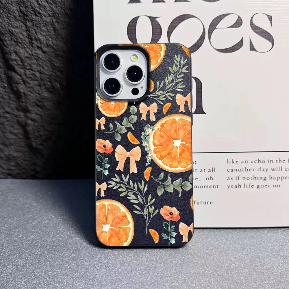 Lightweight Leather Cover For Iphone 14 Pro Max 13 12 11 17 16 15 17E Air Orange Flower Pattern Shockproof Soft Case