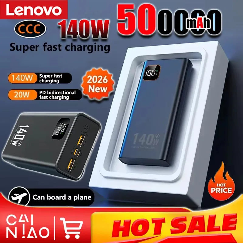 Lenovo 140W CCC Power Bank 500000mAh High Capacity Super Fast Charging Portable Battery Charger for iPhone 12-17 Samsung 2026 Car Mobile World
