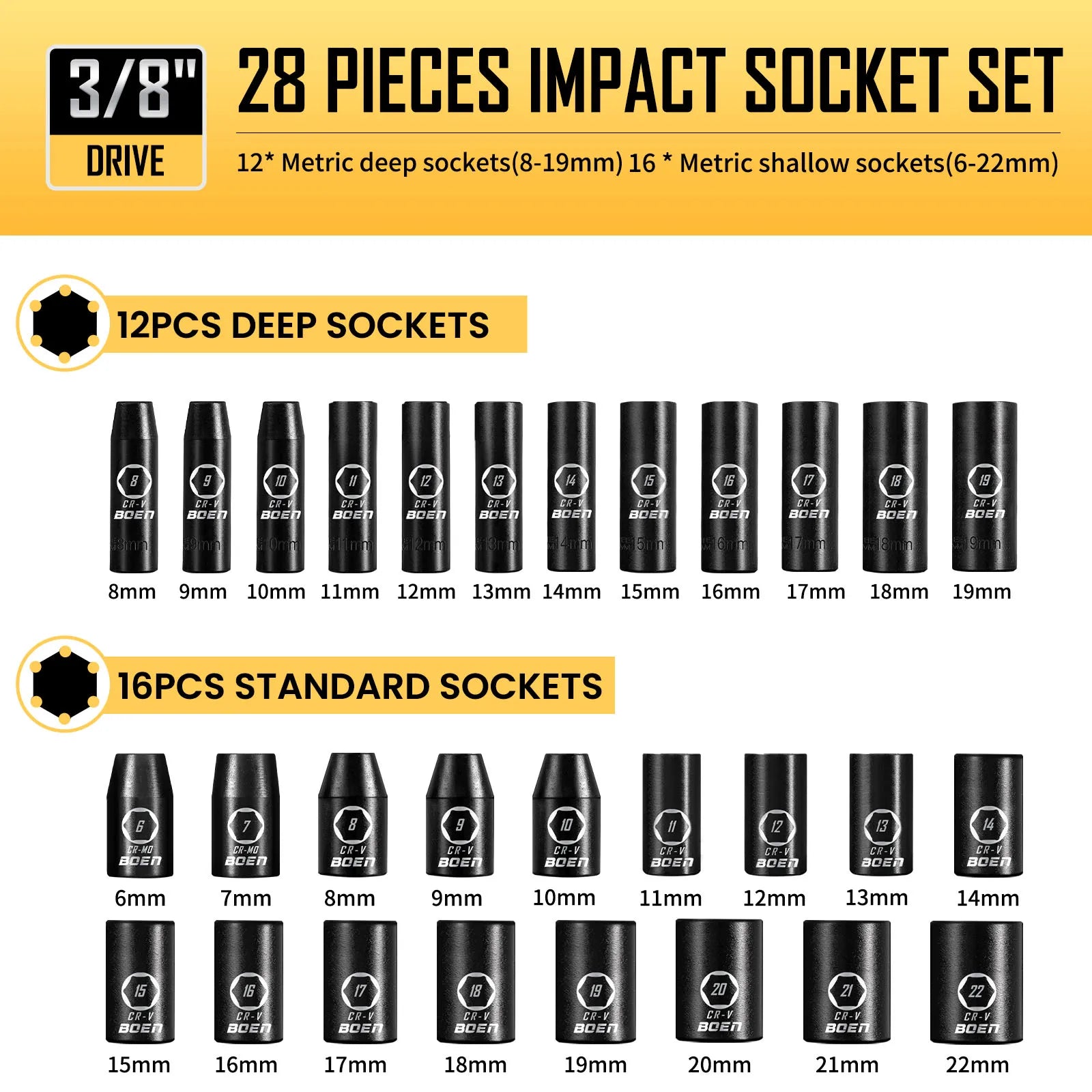BOEN 3/8" Drive Impact Socket Set, 59-Piece Standard SAE (5/16 to 3/4 inch) and Metric (6-22mm), Include 9-Piece E-Torx Socket CM World