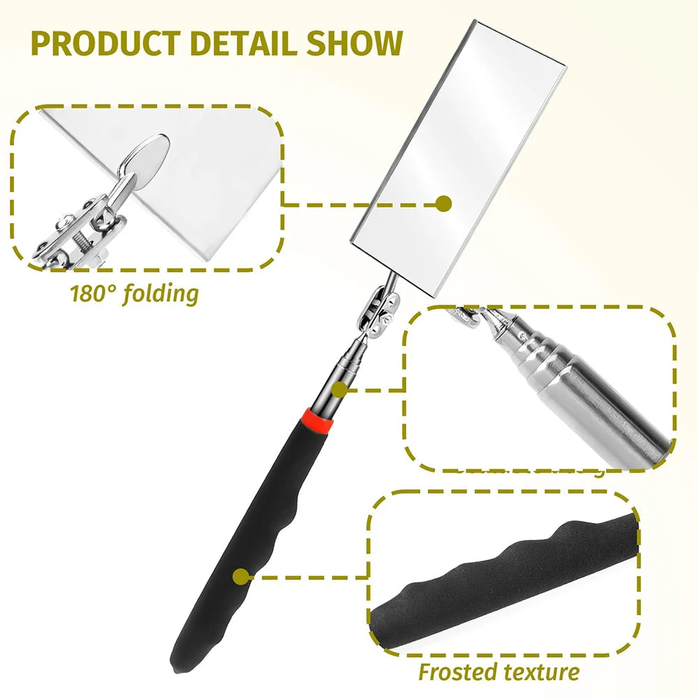 2pcs Telescoping Inspection Mirror Rectangle Mechanic Mirrors 360° Rotation Extendable Telescopic Handle For Car Repair CM World