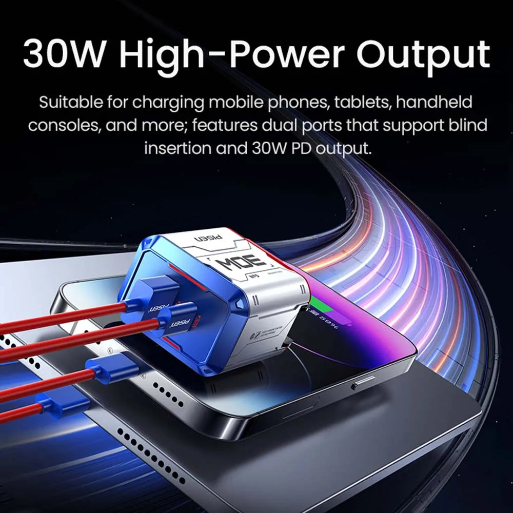 Pisen 30W GaN Charger, USB‑A + USB‑C Dual‑Port Output. Supports PD3.0, PPS, QC3.0, FCP and AFC Protocols. Compatible with iPhone Series, Xiaomi, Huawei, Samsung Smartphones, Tablets & Nintendo Switch.