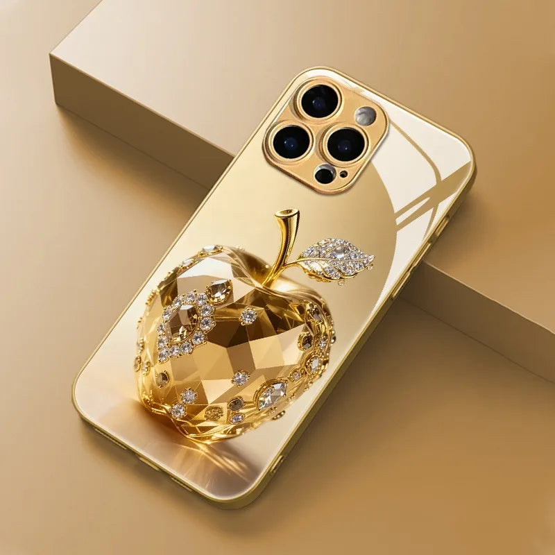 Luxury Jewel For Apple Pattern Gold Metallic Paint Glass Phone Case For iPhone 17 16 15 14 13 12 11 Pro Max Plus 17Air 16E Cover
