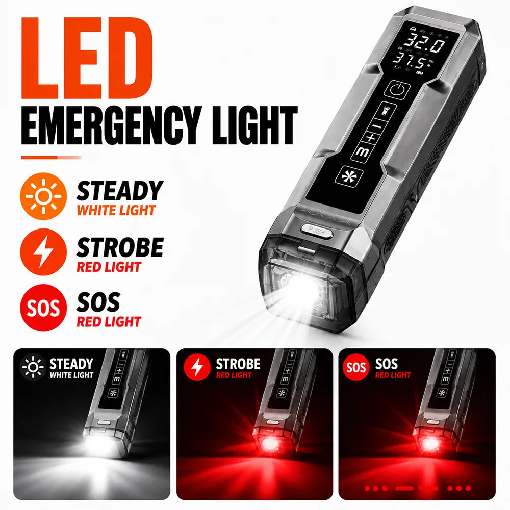 Vyvylabs Car Jump Starter Tire Inflator Vacuum Cleaner LED Emergency Light Portable Battery Booster 4-in-1 Roadside Rescue Tool