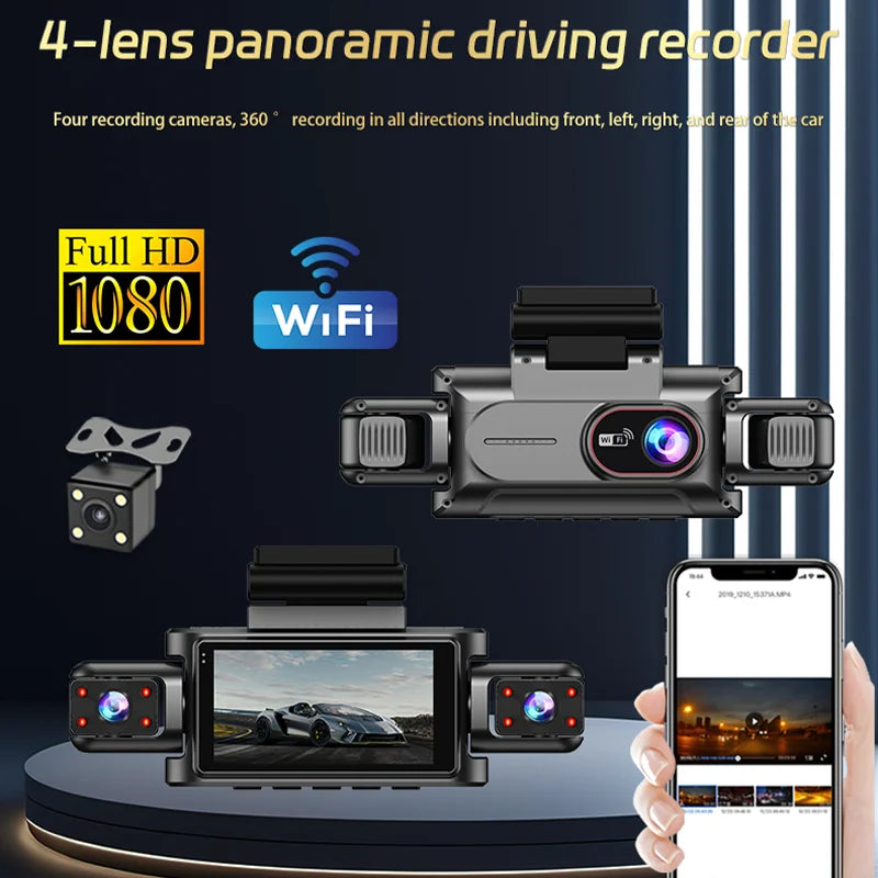 4Channel 1080P Dash Cam WiFi Car DVR with Front Inside Rear View Infrared Night Vision And Reversing Camera for Driving Recorder Car Mobile World