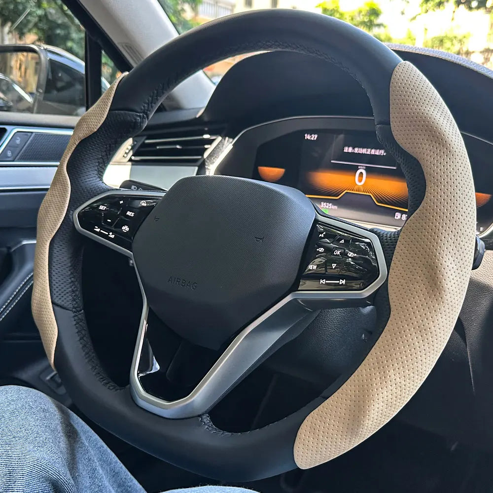 Universal D-shaped Round Car Steering Wheel Cover Ventilation hole Leather Absorb sweat Anti-slip Decoration Accessories 15inch CM World