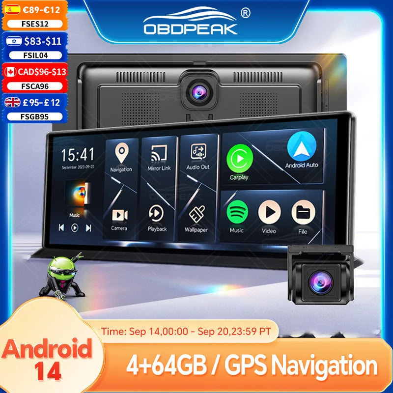 K60 Pro Rearview DVR Android 14 DashCam Wireless CarPlay Android Auto Dual Lens 1080P Video Recorder GPS Navigation WIFI Reverse