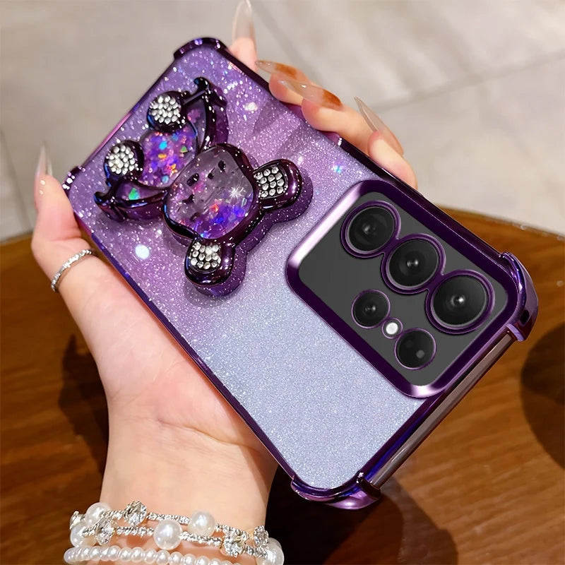 S26 Shockproof Holder Case for Samsung Galaxy S25 Ultra S22 S21 S24 FE S23 Plus Glitter Bear Bracket Stand Luxury Plating Cover