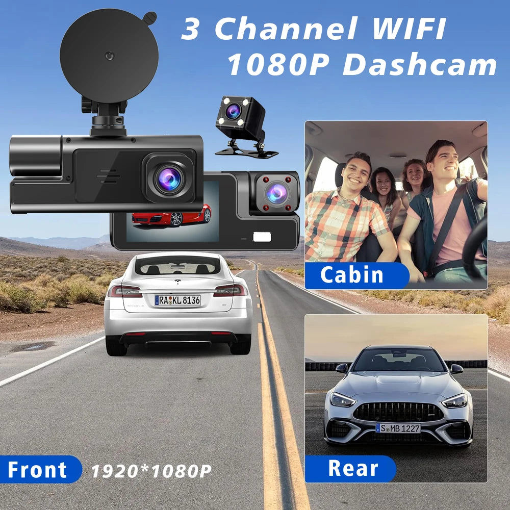 Car WiFi Dash Cam 3 Cameras FHD 1080P Video Recorder 3 Channel Front Rear View Night Vision Black Box DVR for Vehicle Safety
