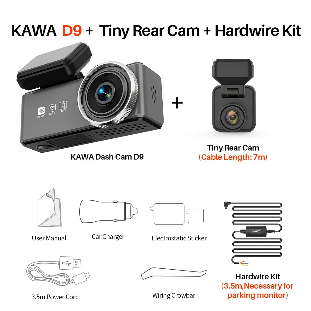 4K Dash cam Front and Rear KAWA D9,Voice Control Car DVR,WiFi6 Video Recorder,GPS Car Camera, Dashcam for AUTO,Dashcamera Car Mobile World