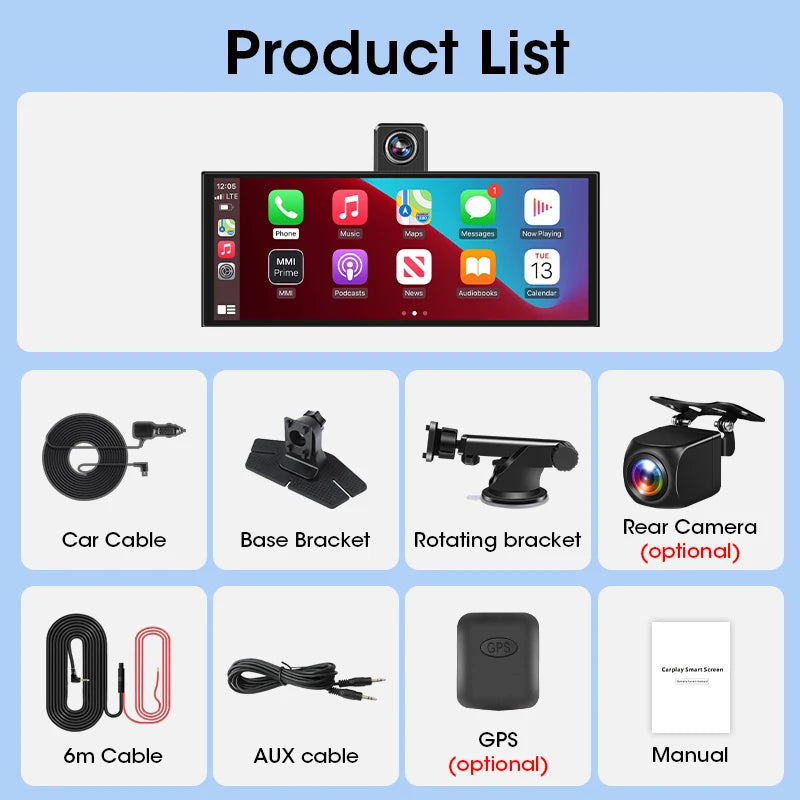 11.26 inch Dash Cam Car DVR 4K Camera Wireless Carplay Android Auto Touch Screen Dual Len Video Recorder Dashboard BT FM AUX GPS Car Mobile World