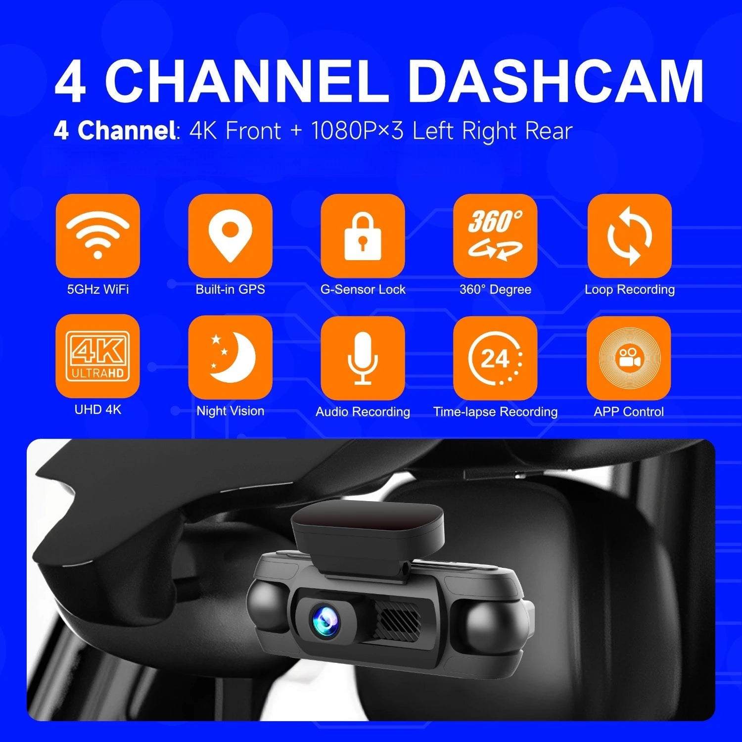 4 Channel 2K Car Dash Cam Front Rear Left Right 4-Way 360degree Recording 3" Large Screen Sentry Mode Car DVR Audio Recording Car Mobile World