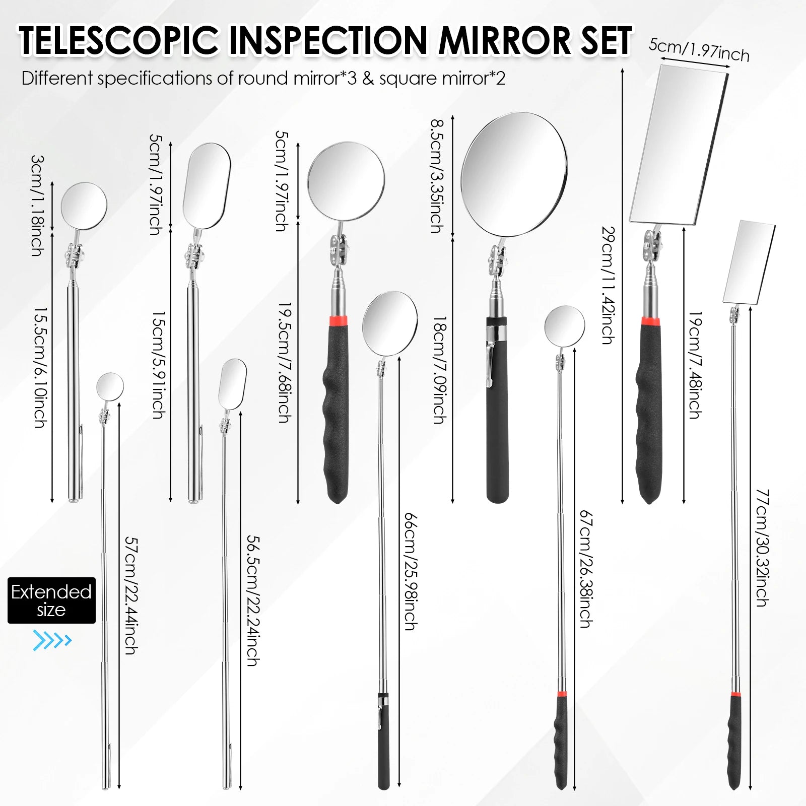 5/4Pcs Telescoping Inspection Mirrors Set Stainless Steel Retractable Mechanical Mirror 360° Rotation Mirror Inspection Tools CM World